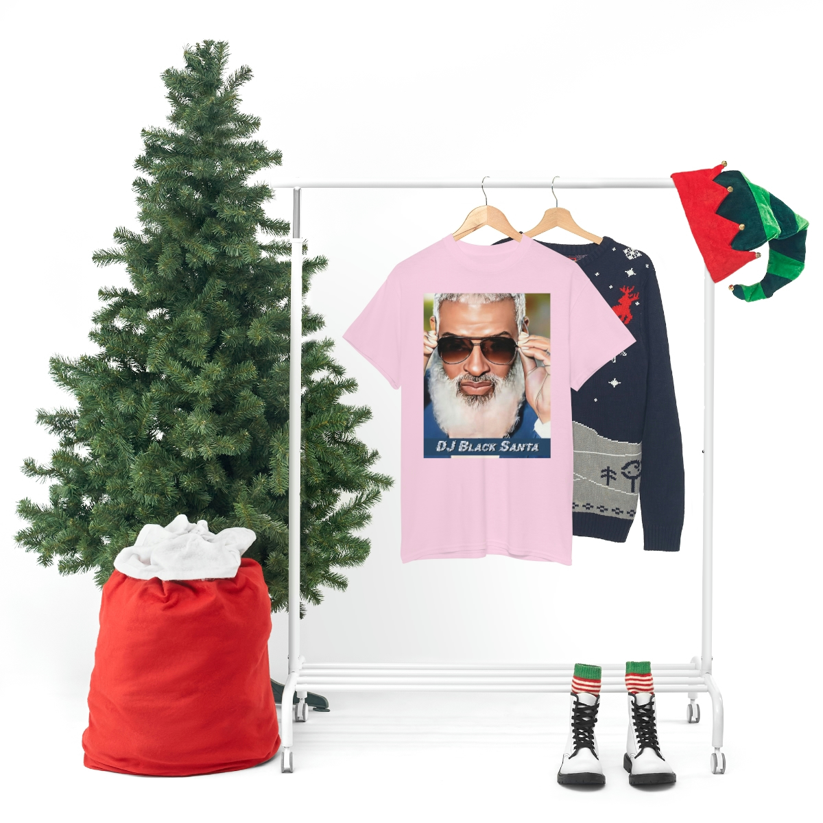 DJ BLACK SANTA - W/Sun Glasses - Unisex Heavy Cotton Tee - Image 80
