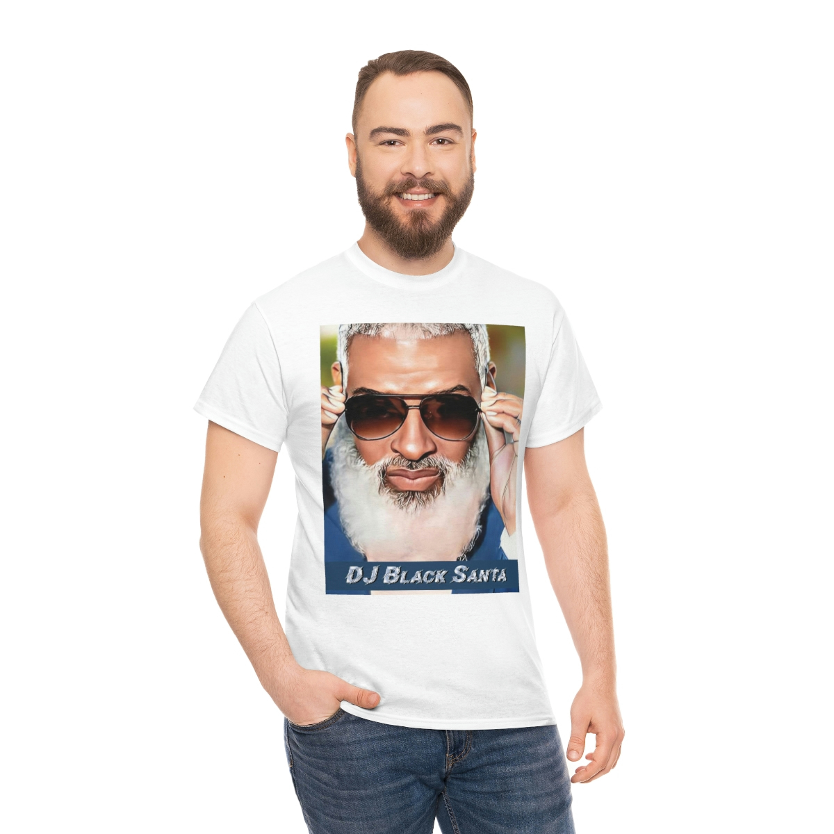 DJ BLACK SANTA - W/Sun Glasses - Unisex Heavy Cotton Tee - Image 12