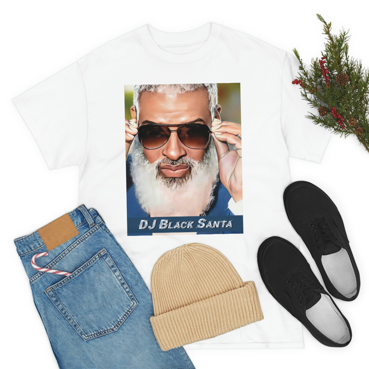DJ BLACK SANTA - W/Sun Glasses - Unisex Heavy Cotton Tee - Image 15