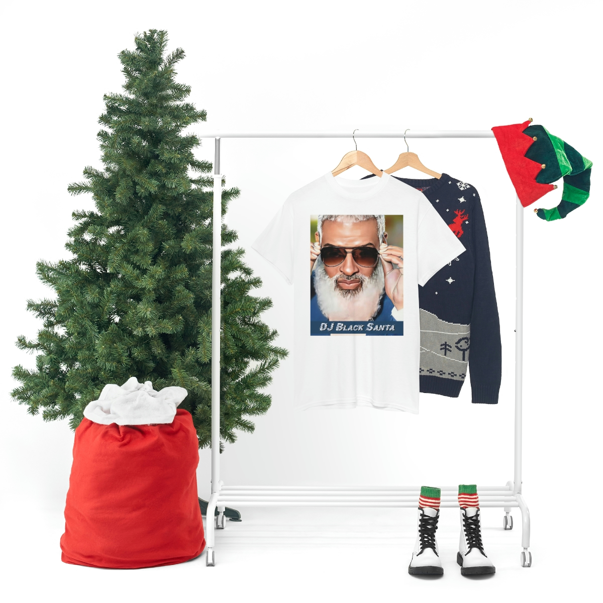 DJ BLACK SANTA - W/Sun Glasses - Unisex Heavy Cotton Tee - Image 16