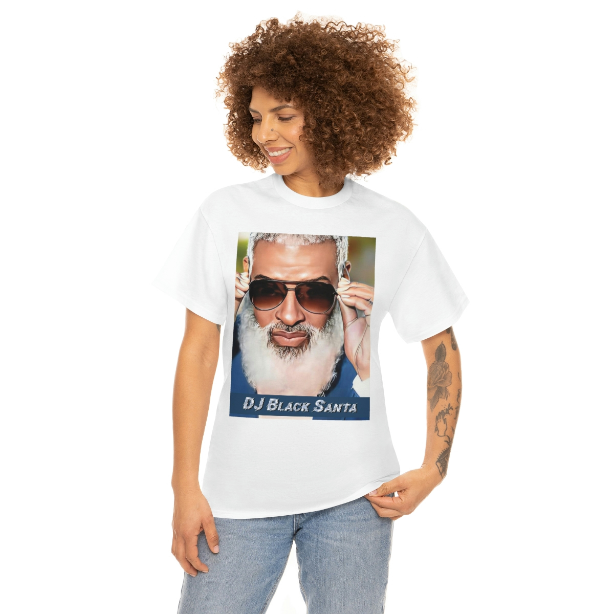 DJ BLACK SANTA - W/Sun Glasses - Unisex Heavy Cotton Tee - Image 10