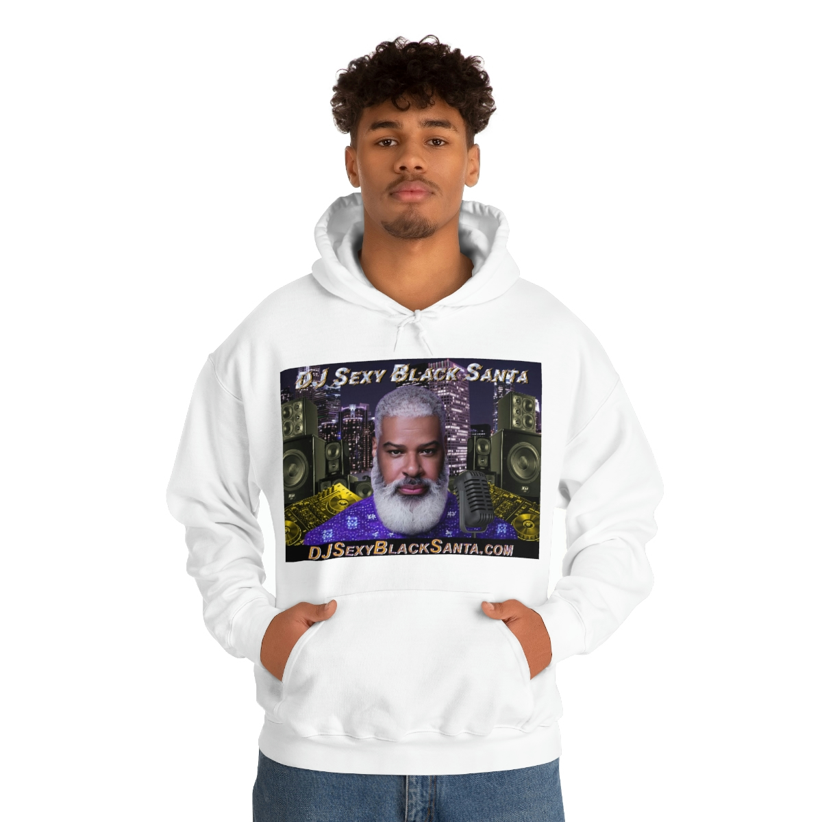 DJ Sexy Black Santa - City Background - Unisex Heavy Blend™ Hooded Sweatshirt - Image 11