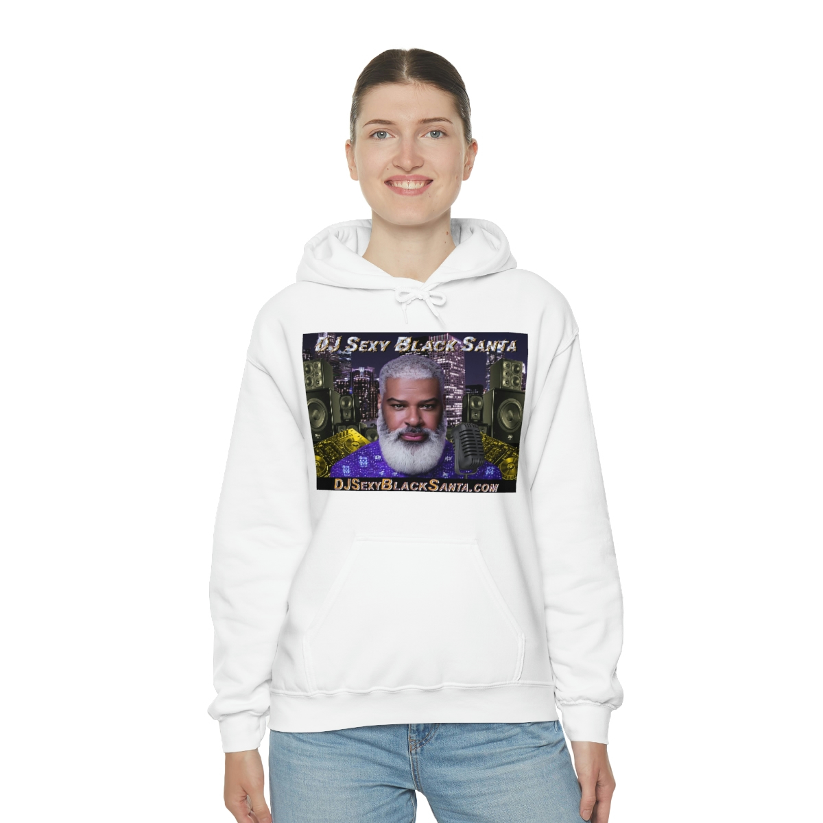 DJ Sexy Black Santa - City Background - Unisex Heavy Blend™ Hooded Sweatshirt - Image 12