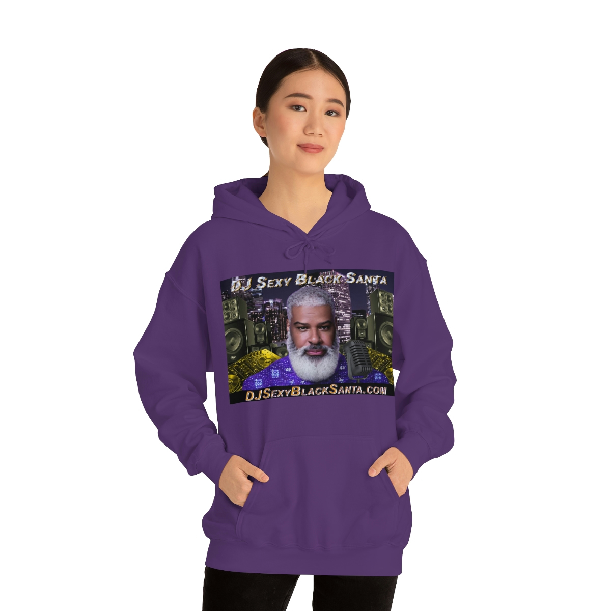 DJ Sexy Black Santa - City Background - Unisex Heavy Blend™ Hooded Sweatshirt - Image 3