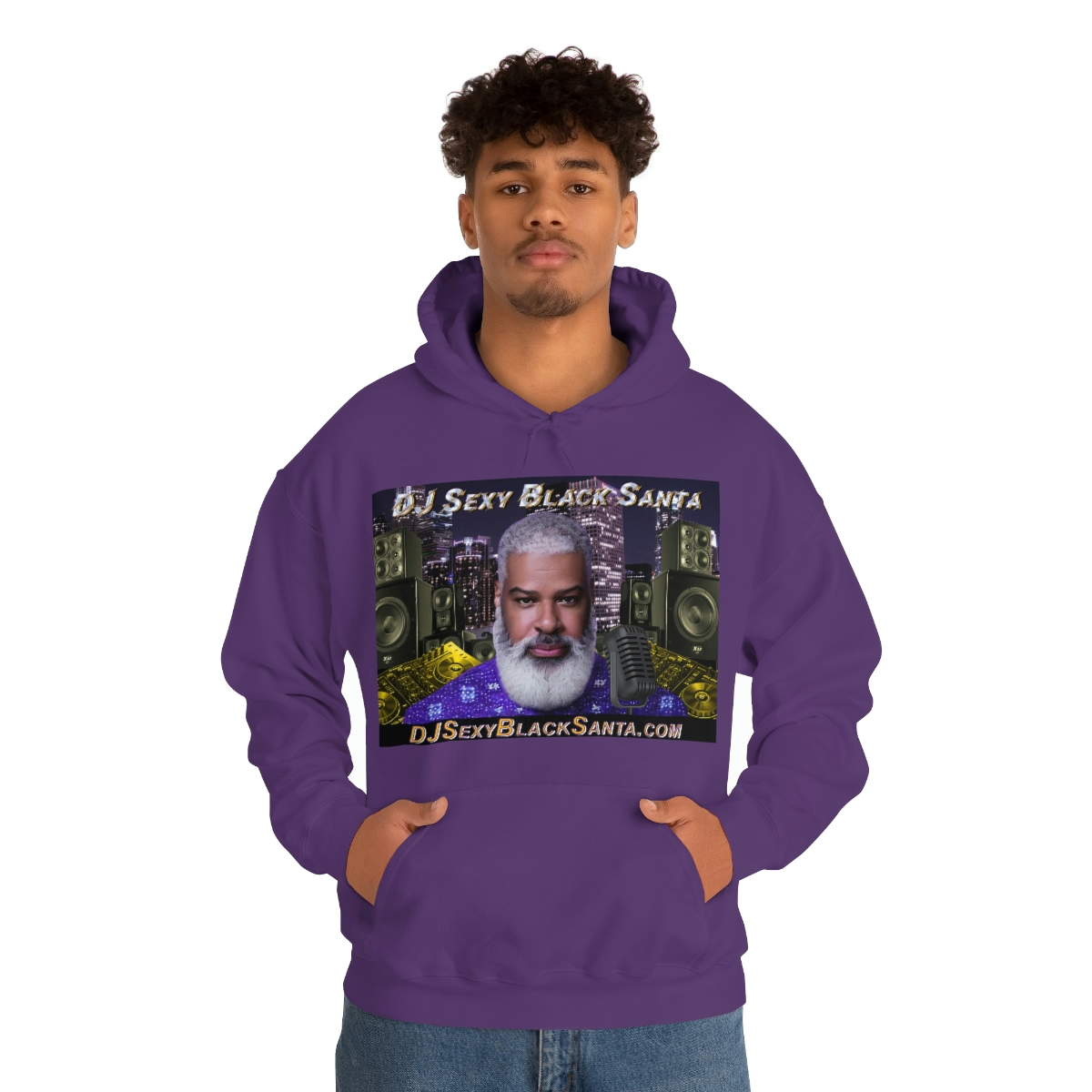 DJ Sexy Black Santa - City Background - Unisex Heavy Blend™ Hooded Sweatshirt - Image 4