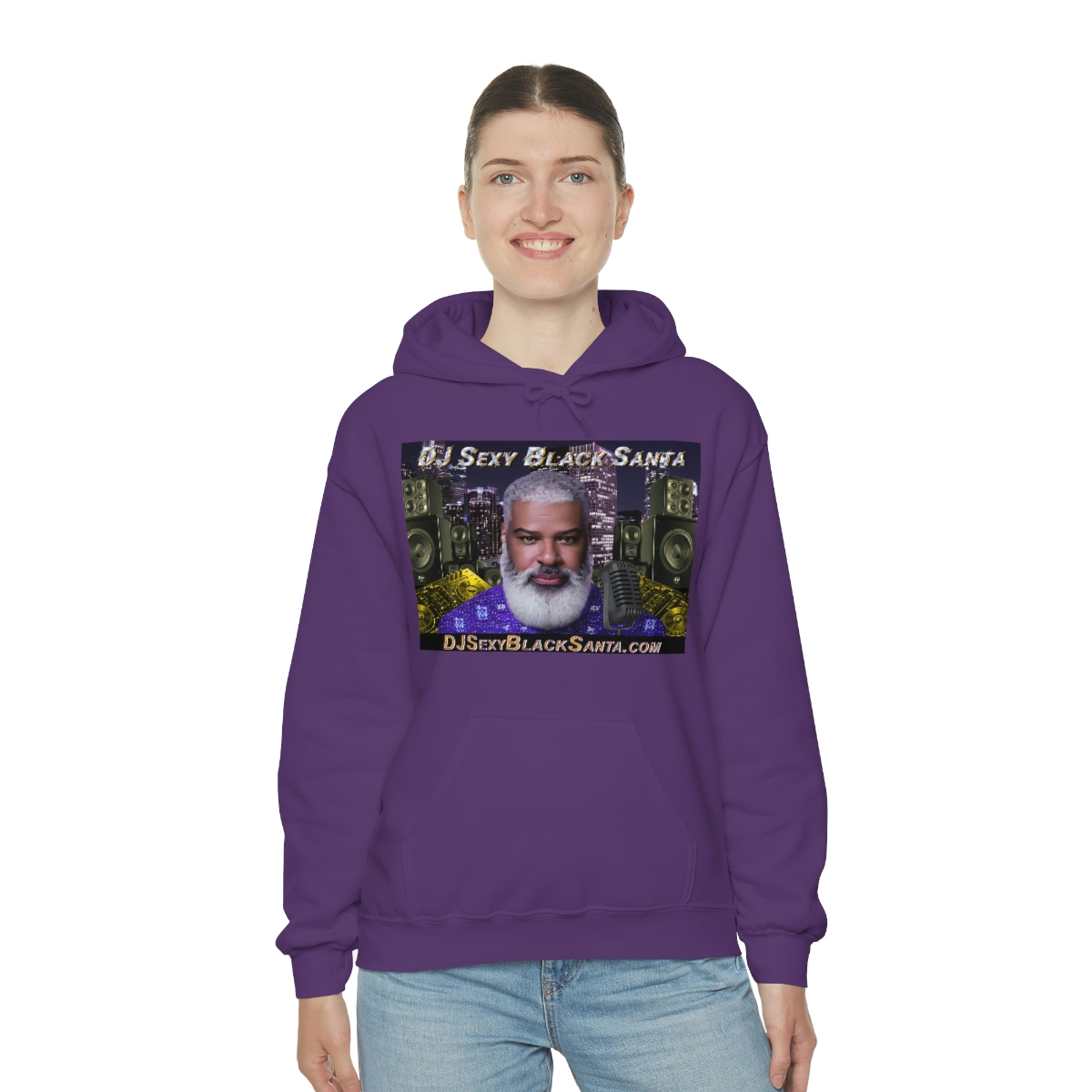 DJ Sexy Black Santa - City Background - Unisex Heavy Blend™ Hooded Sweatshirt - Image 5
