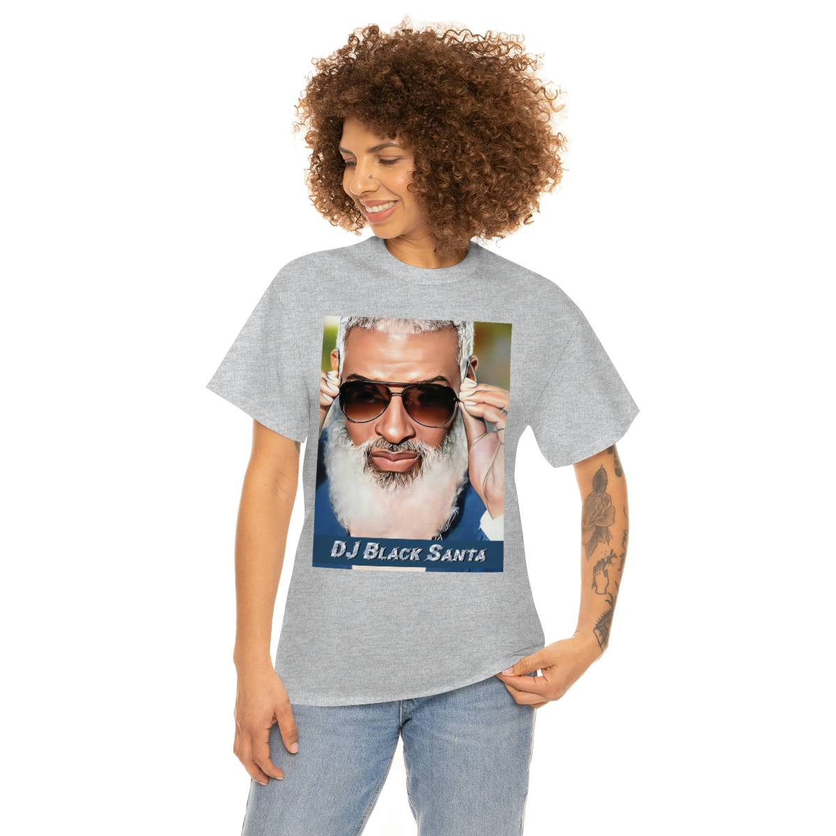 DJ BLACK SANTA - W/Sun Glasses - Unisex Heavy Cotton Tee - Image 18